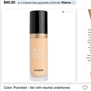 Porcelain Too Faced BTW Matte Foundation